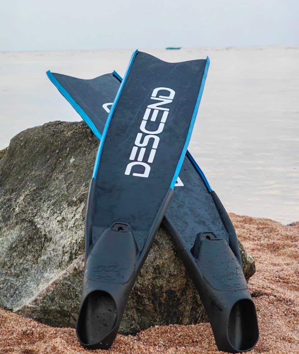 A pair of black Descend fins with blue side rails leaning on a rock on a sandy beach, the sea behind